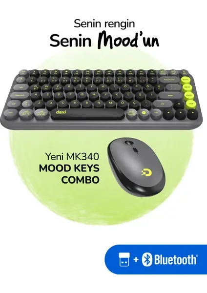 DAXİ MK-340 Klavye Kablosuz Set Bluetooth/ WiFi Green Grey Q TR Retro Tuş 3 Cihaza Bağlantı Mini