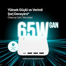 TTEC SMARTCHARGER QUATTRO GAN 65W PD SEYAHAT HIZLI ŞARJ ALETİ USB-C + 3 USB-A