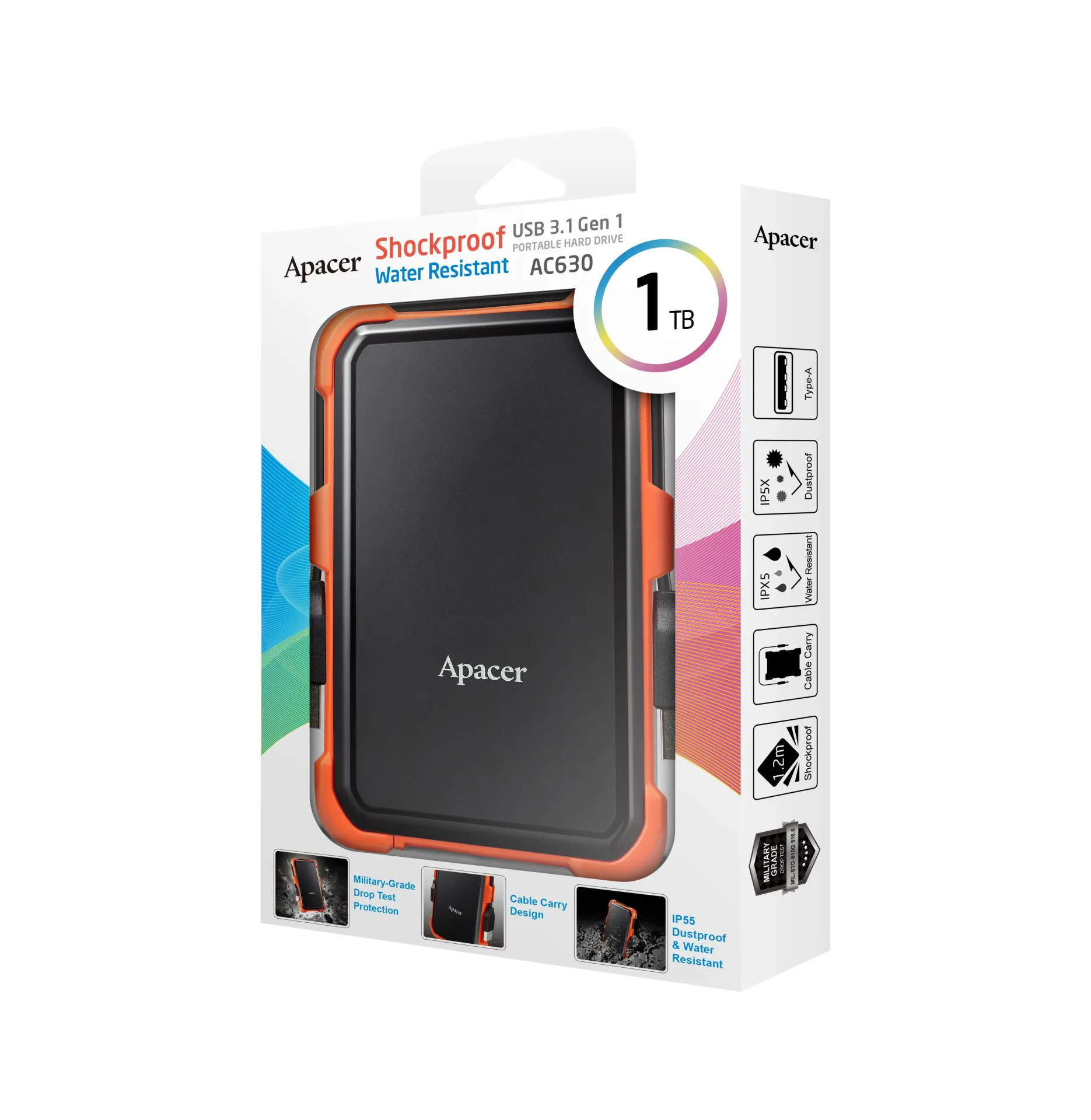 Apacer AC630 1 TB Askeri Sınıf Darbeye Dayanıklı 2.5¨ USB 3.1 Taşınabilir Harddisk, Siyah-Turuncu