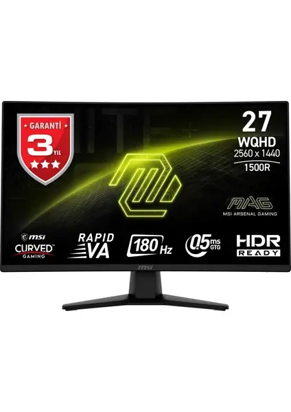 MSI 27'' MAG 274CQF Curved 1500R VA RAPID 0.5ms Adaptıve-Sync Siyah WQHD Monitör 2560x1440,16:9,180HZ