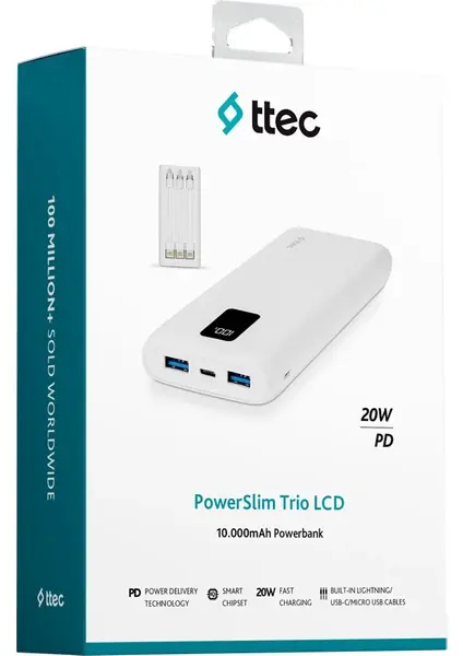 Ttec PowerSlim Trio LCD 10.000mAh PD 22,5W Dahili Kablolu Taşınabilir Şarj Aleti / Powerbank
