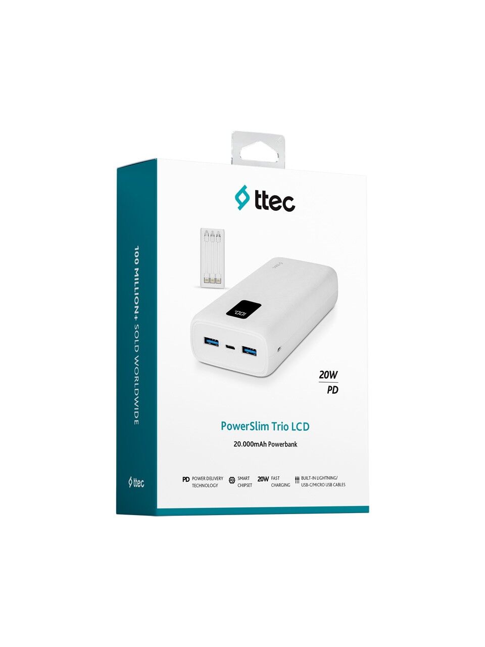 Ttec PowerSlim Trio LCD 20.000mAh PD 22,5W Dahili Kablolu Taşınabilir Şarj Aleti / Powerbank