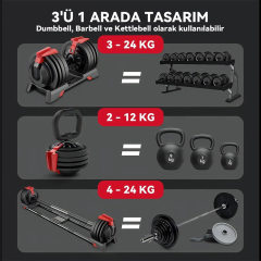 KingSmith Mekanik Ayarlı 24KG Dambıl, Kettlebell, Halter Seti (3ü1 Arada)