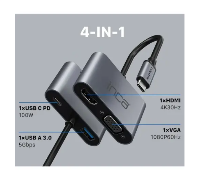 Inca ITPC-06T Type-C Hub X4 HDMI 4K@30 Hz+ VGA+ USB 3.0+PD 100W Aluminyum Kasa