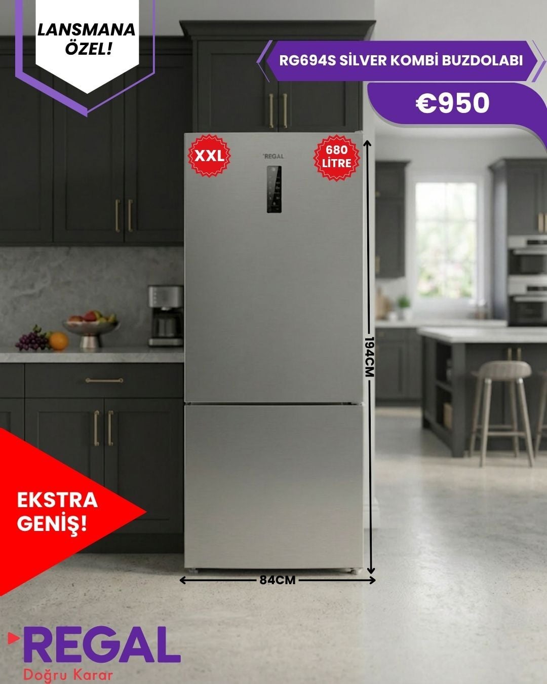 REGAL RG694S Silver 679 Lt. Kombi Buzdolabı